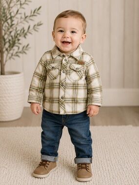 Eddie Bauer Cream & Olive Plaid Kids Button-Down Jacket size 12 months Boys